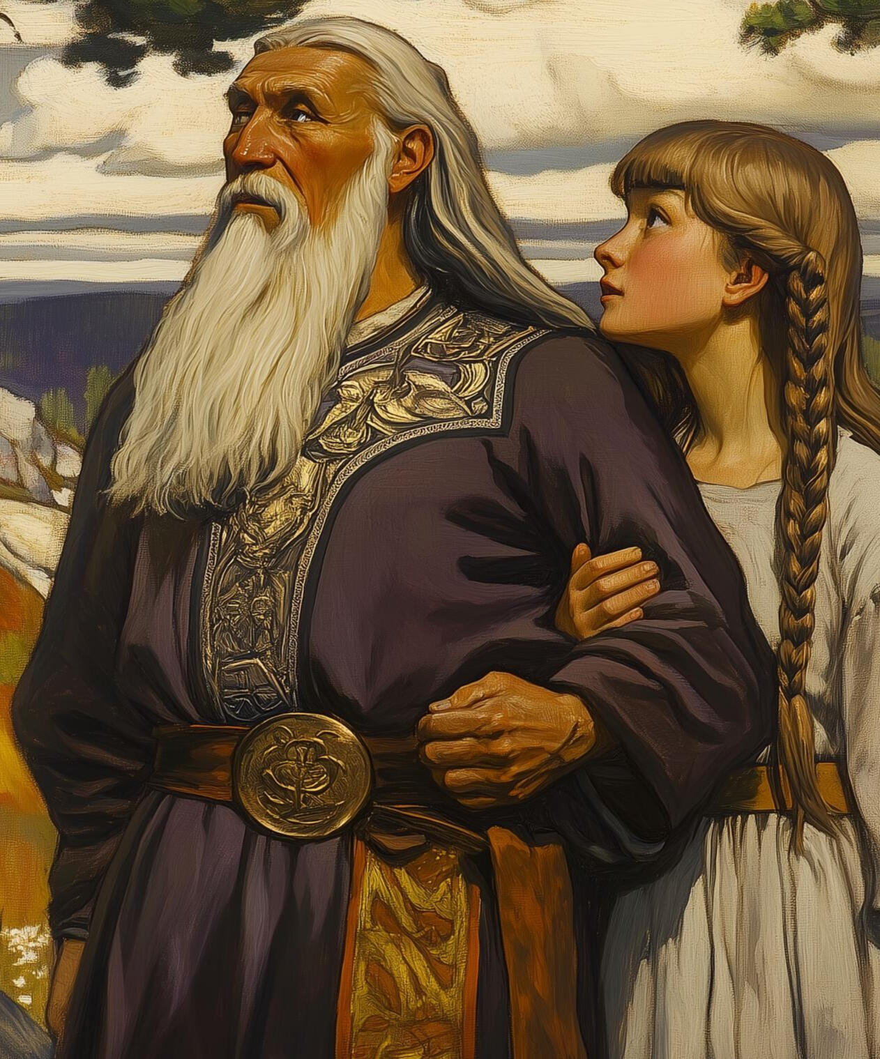 Kalevala Reimagined Image of an elderly poet guiding a young girl into the Kalevala saga, for Kalevala Reimagined project by Harri Jahkola, blending AI visuals with human narration and music.